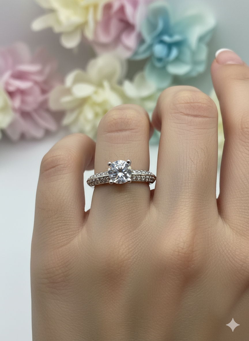 Classic Solitaire Diamond Silver Ring in Silver Tone Brass - Worn on Hand