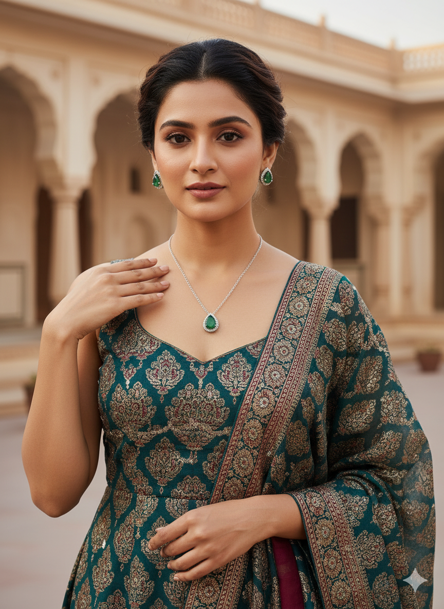 Emerald Teardrop Pendant Jewellery Set