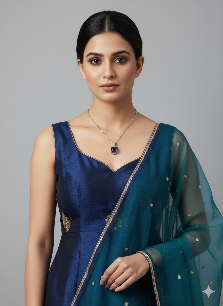 Purple rectangle diamond set with silver necklace