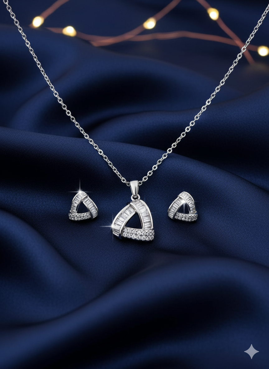 Elegant Triangle Sparkle Pendant & Earring Set in Silver Tone - Styled View