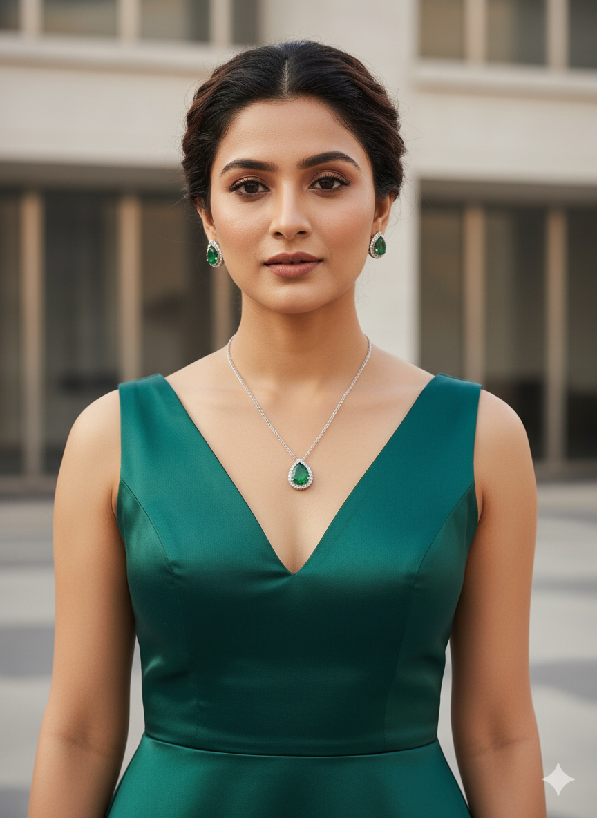 Emerald Teardrop Pendant Jewellery Set