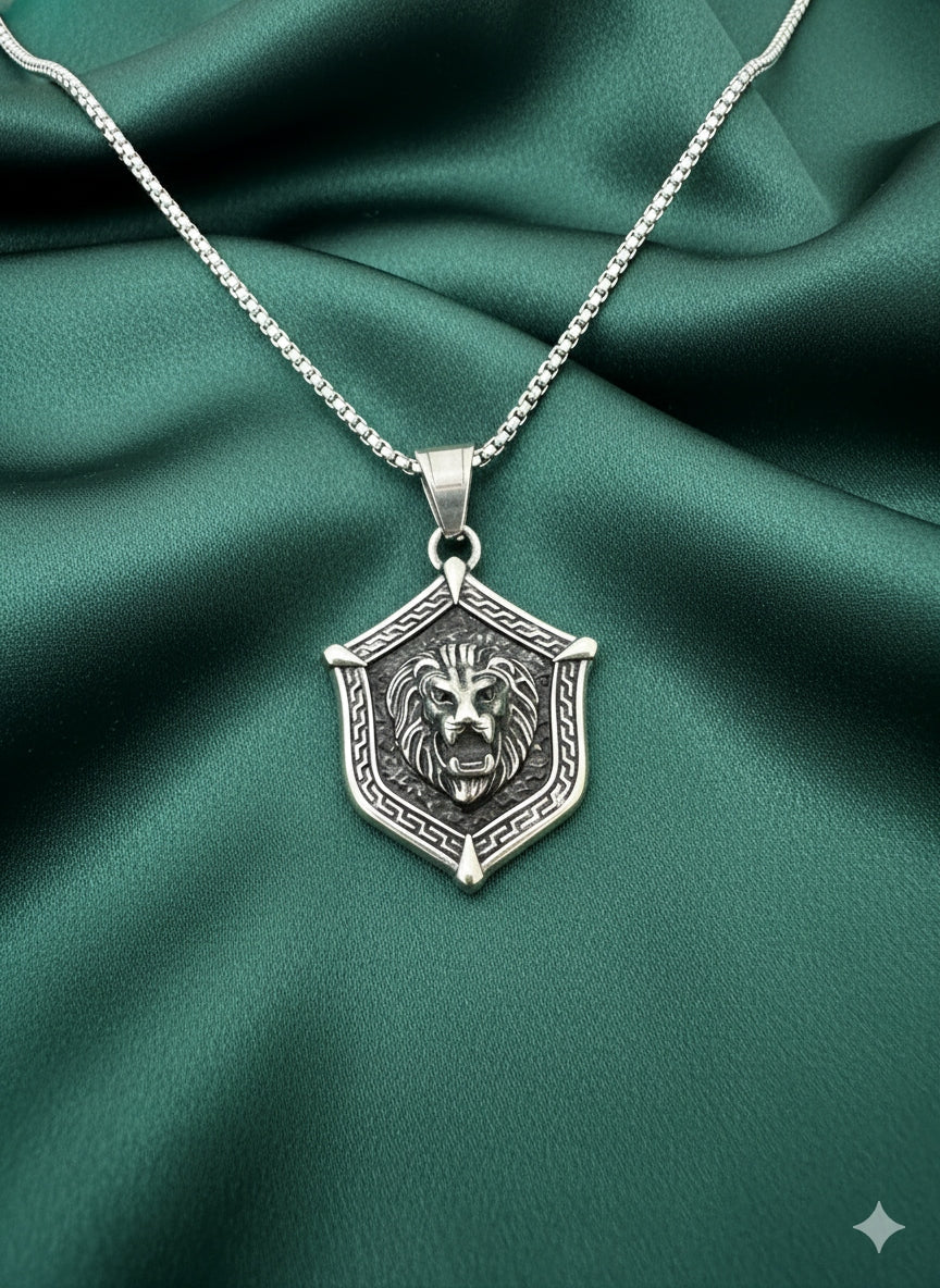 Lion Shield Pendant Necklace for Men in Stainless Steel - Product View