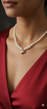 Pearl Heart Charm Necklace in Gold Plated