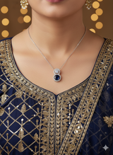 Elegant Blue sapphire diamond Necklace & Earrings Set in Blue and Silver Tone - Styled View
