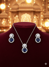 Elegant Blue sapphire diamond Necklace & Earrings Set in Blue and Silver Tone - Product View