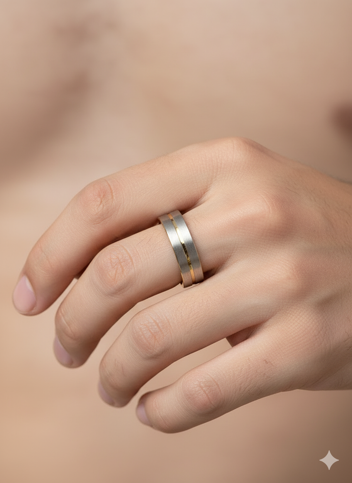 Men’s Silver Gold Lined Band Ring in Stainless Steel