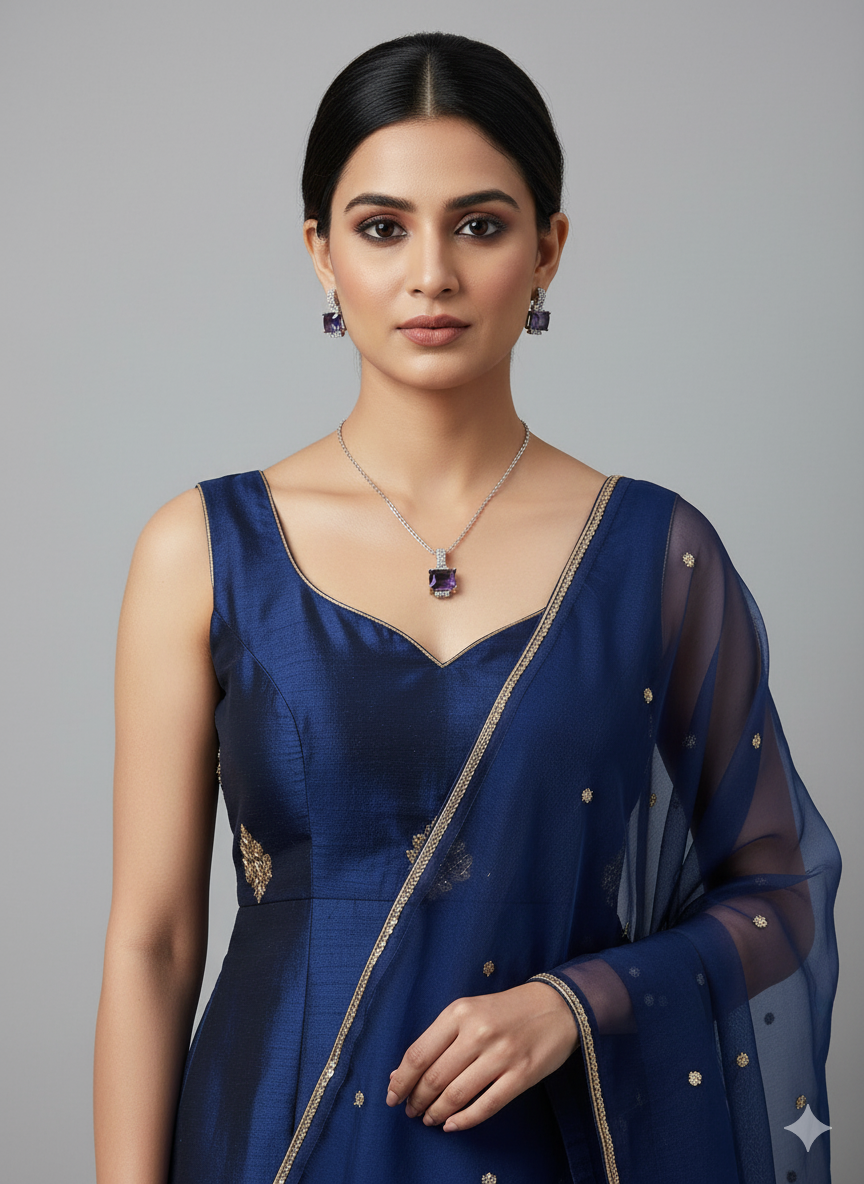 Purple rectangle diamond set with silver necklace