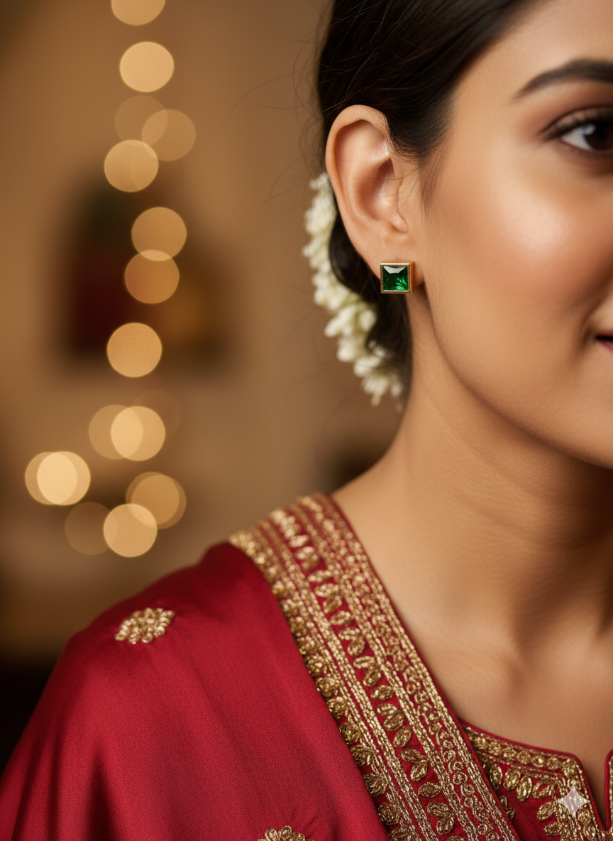 Elegant Square Green Gemstone Pendant Necklace & stud Earrings Set