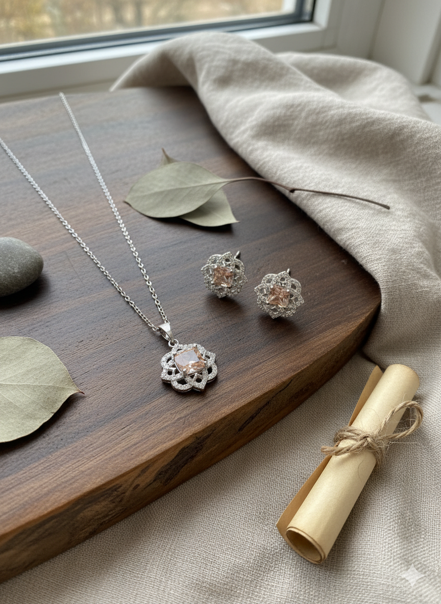 Elegant Floral Crystal Pendant Necklace & Earring Set