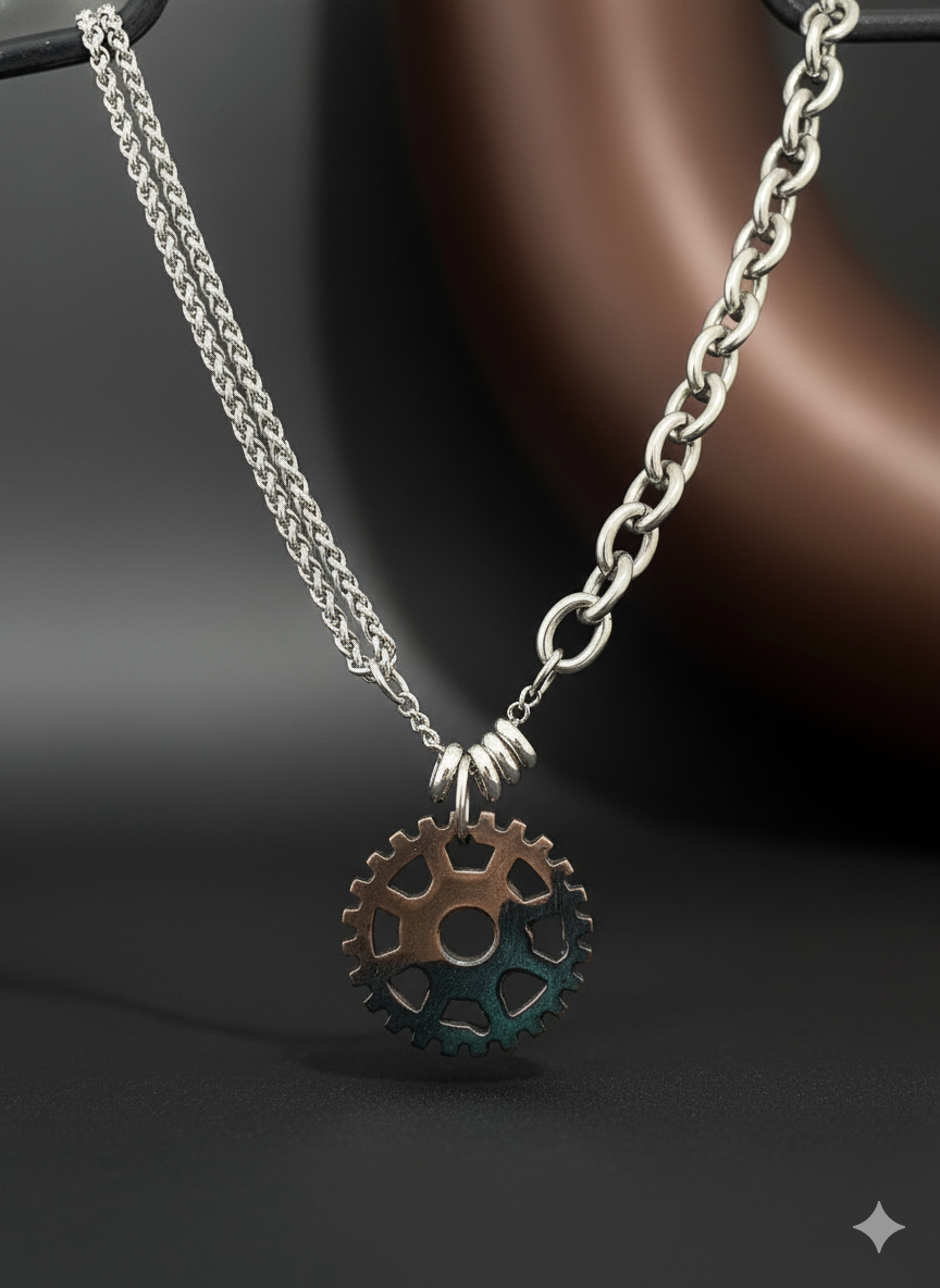 Men's Gear Pendant Necklace – Dual Chain Bold Statement
