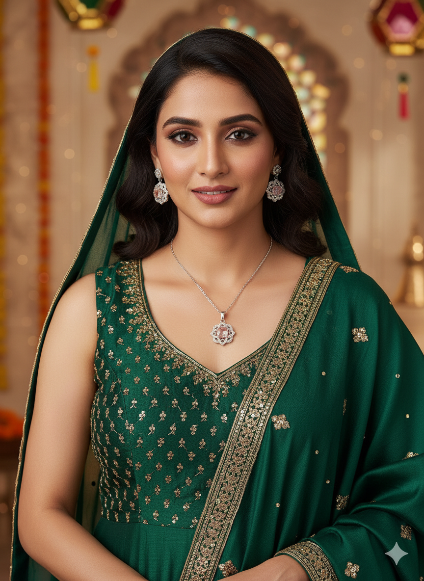 Elegant Floral Crystal Pendant Necklace & Earring Set