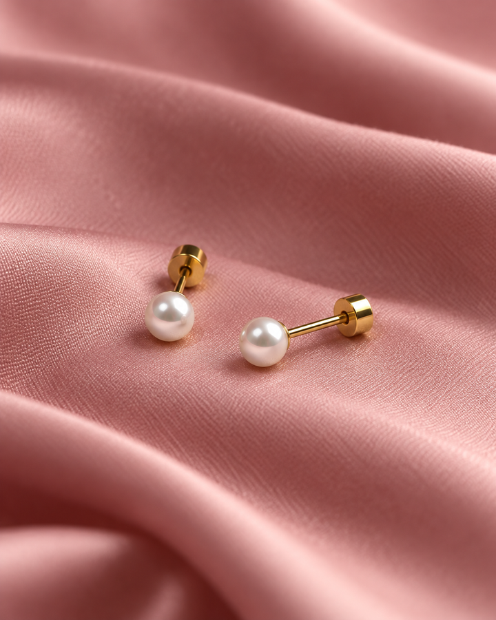 Tiny Pearl Studs in Gold Tone