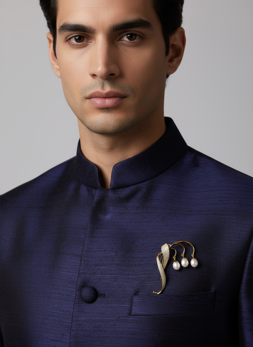Man in navy blue sherwani wearing a unisex gold and pearl brooch – ethnic wear lapel pin accessory