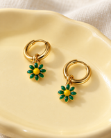 Green Daisy Hoops in Gold Tone