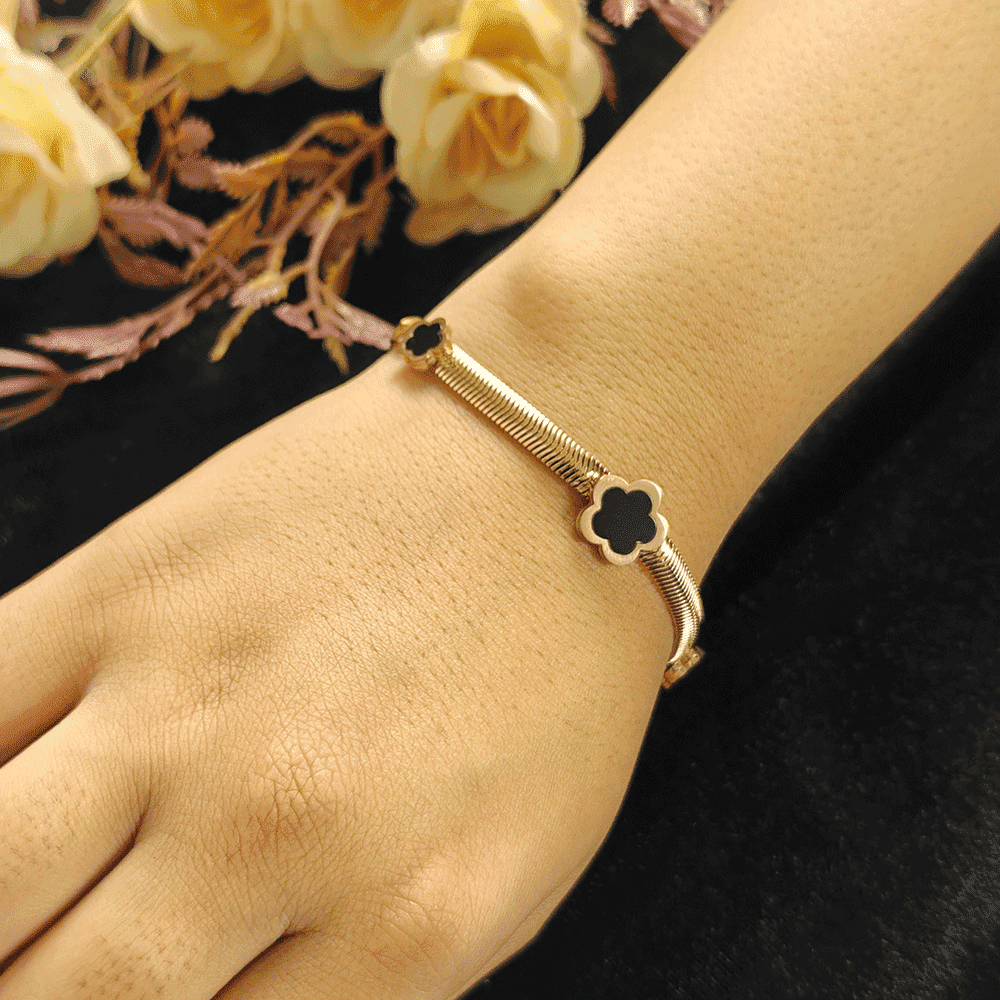 Rose Gold Plated Accent Black Flower Bracelet - Aura Bling