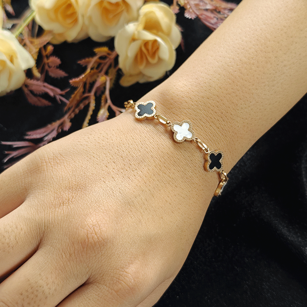 Rose Gold black and white crystal clover bracelet - Aura Bling