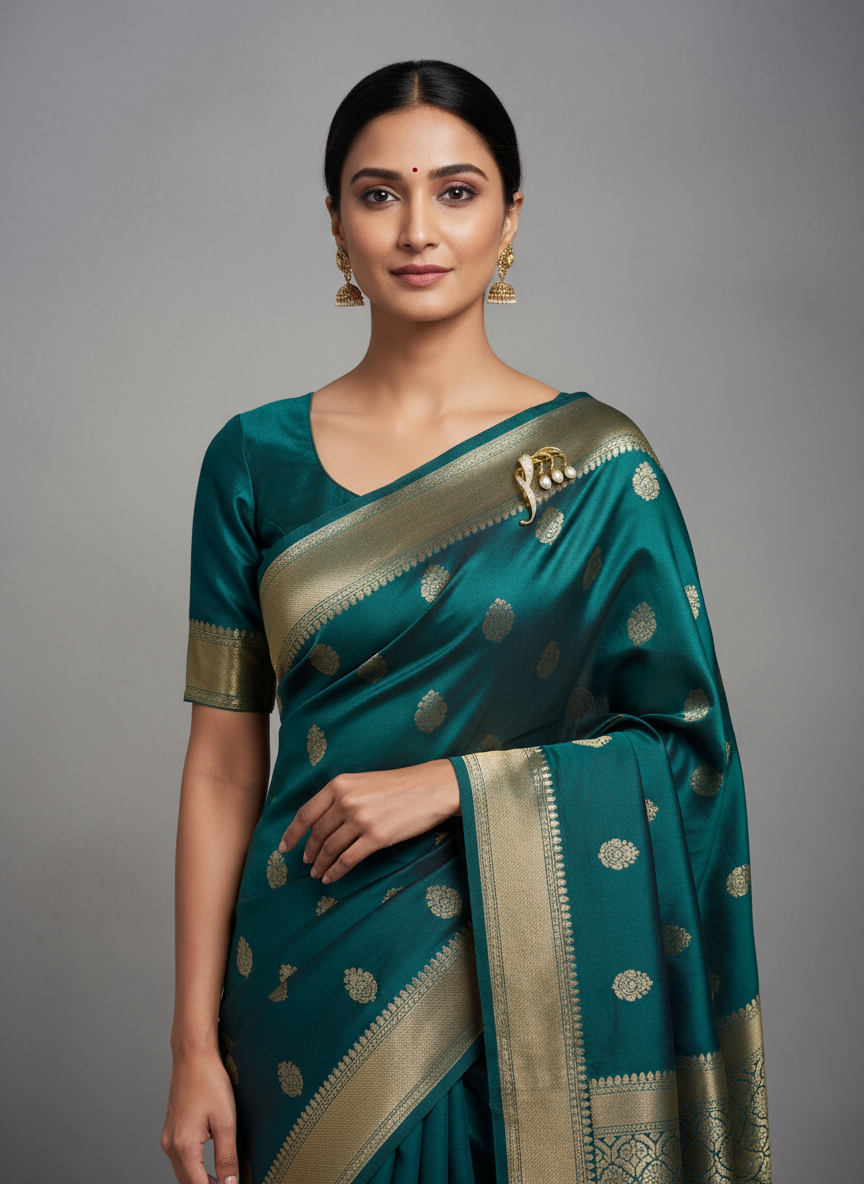 Elegant woman wearing a teal silk saree styled with a gold and pearl brooch on the pallu – traditional saree accessory