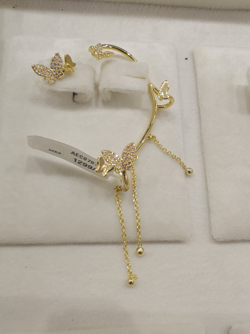Gold Butterfly CZ Ear Cuff with Chain Dangle