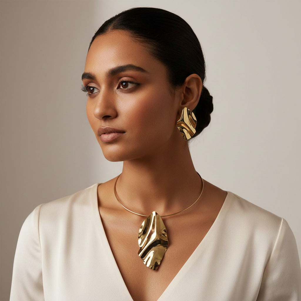 Stiff Leaf Necklace With Earrings Set