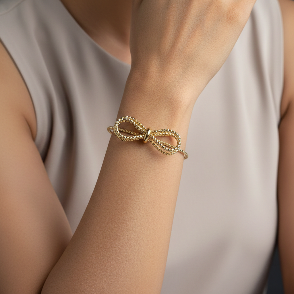 Gold Textured Bow Kada Bracelet