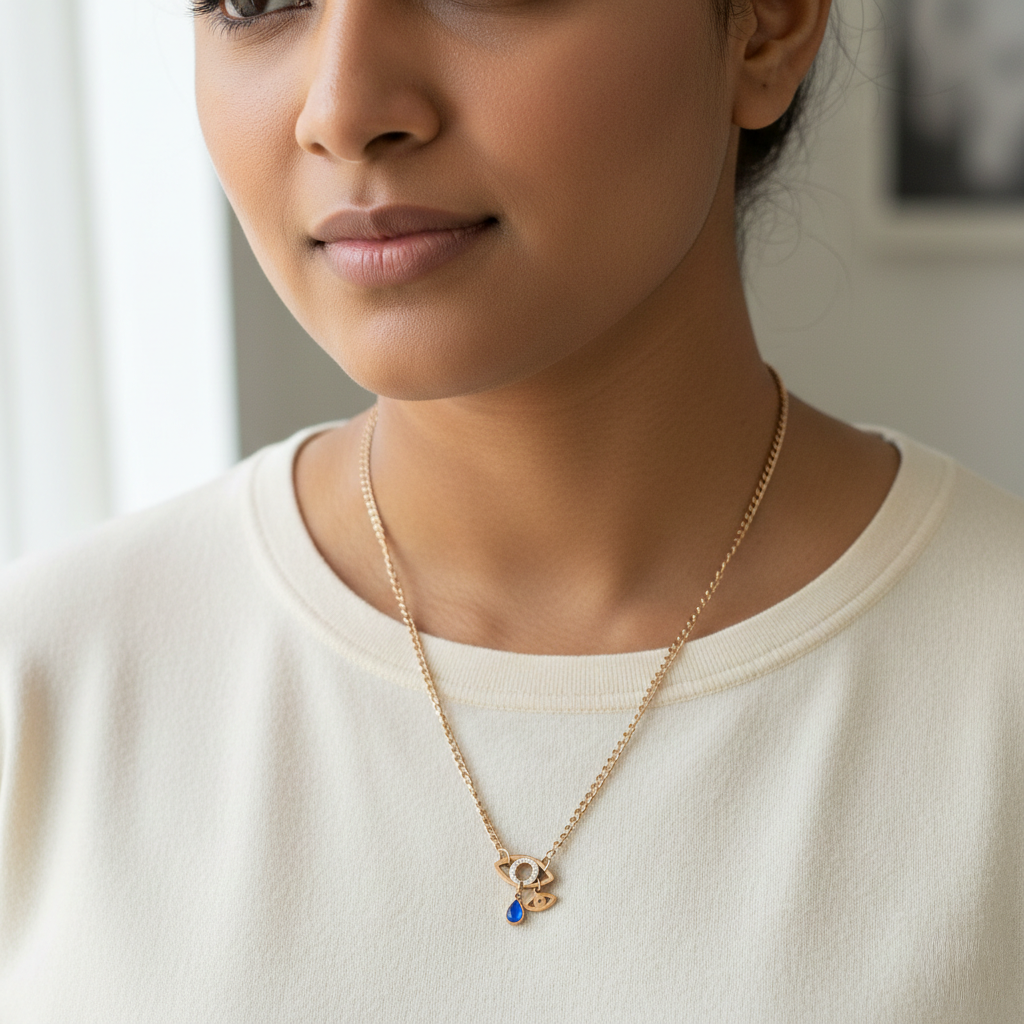 Rose Gold Plated Blue Stone Evil Eye Necklace