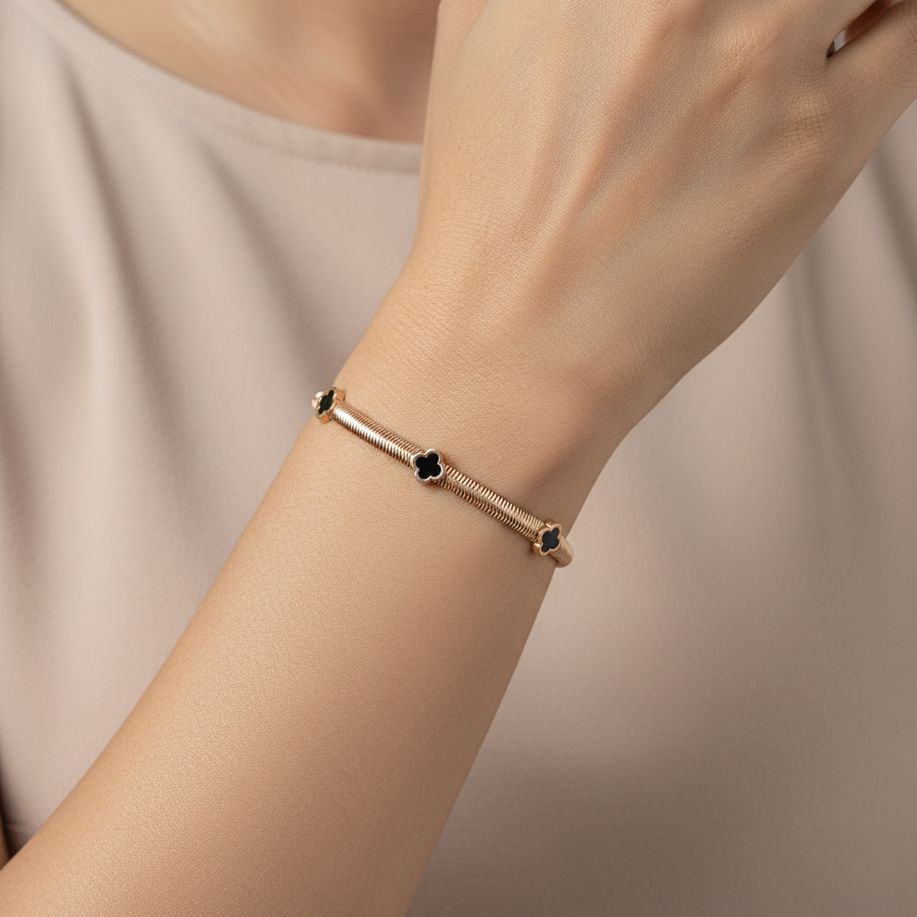 Rose Gold Plated Accent Black Flower Bracelet