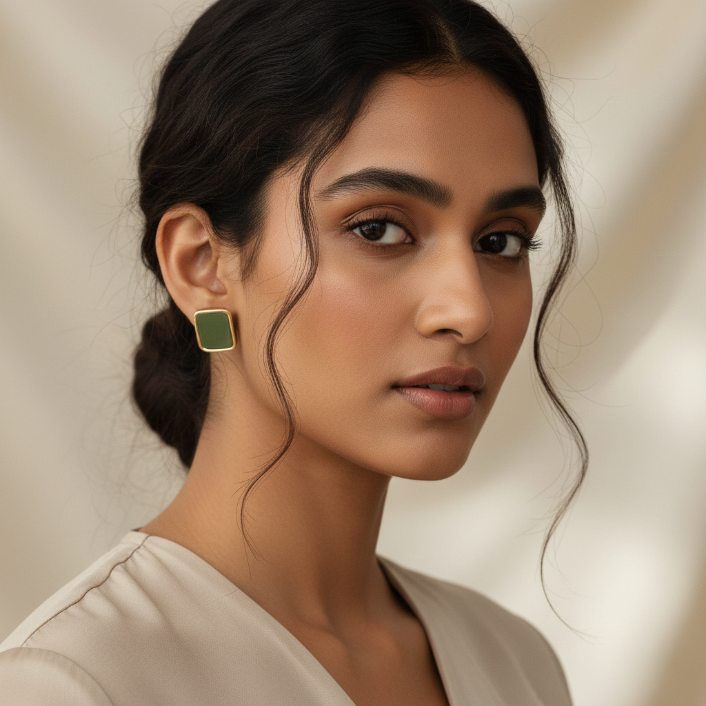 18K Gold Plated Rectangular Green Earrings