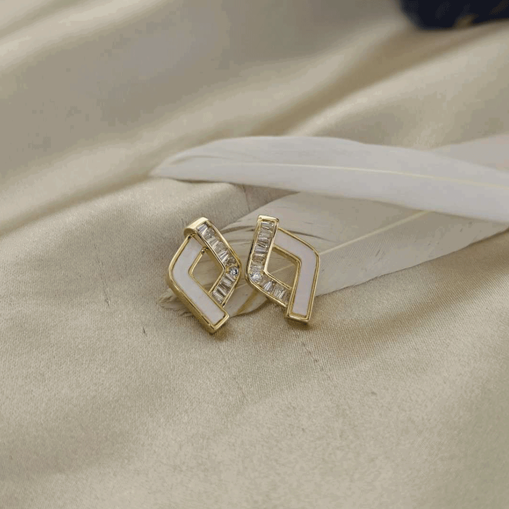 18K Gold Plated Diamond Shape Mother of Pearls and Stones Earrings - Aura Bling