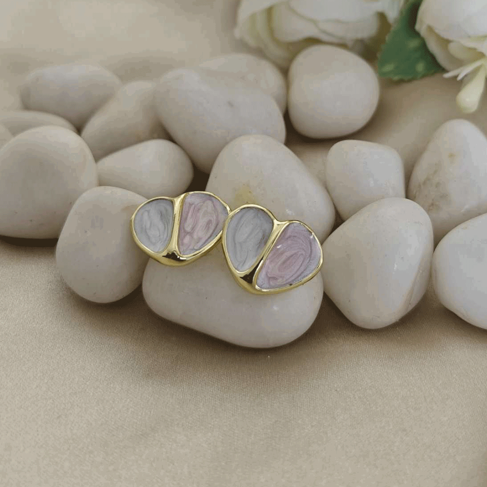 18K Gold Plated Pink & White Enamel Heart Earrings