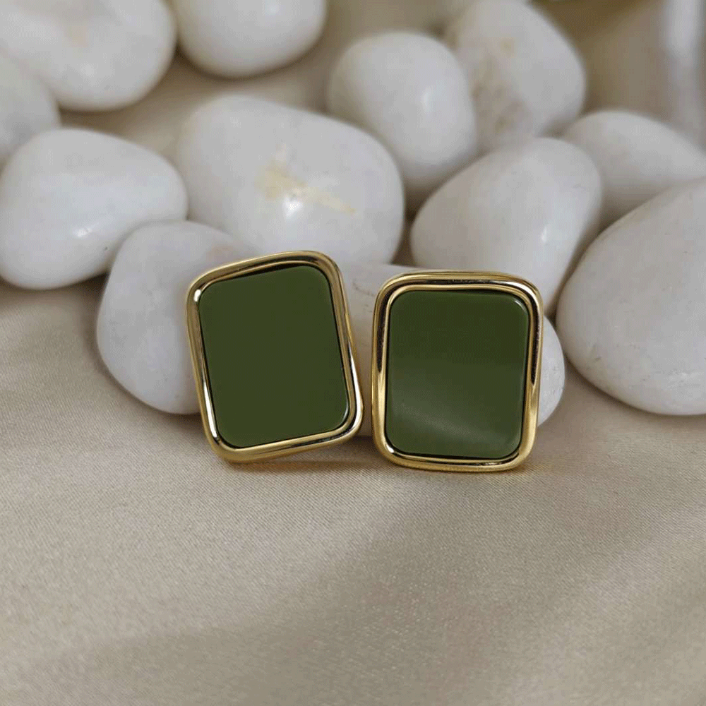 18K Gold Plated Rectangular Green Earrings