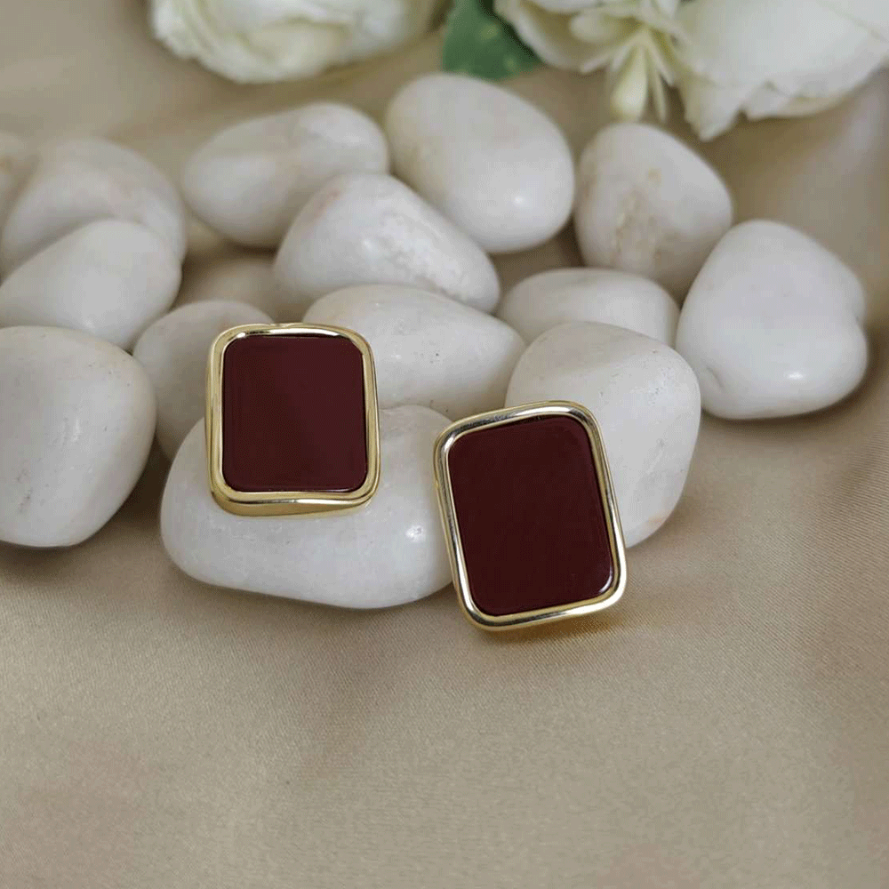 18K Gold Plated Rectangular Maroon Earrings