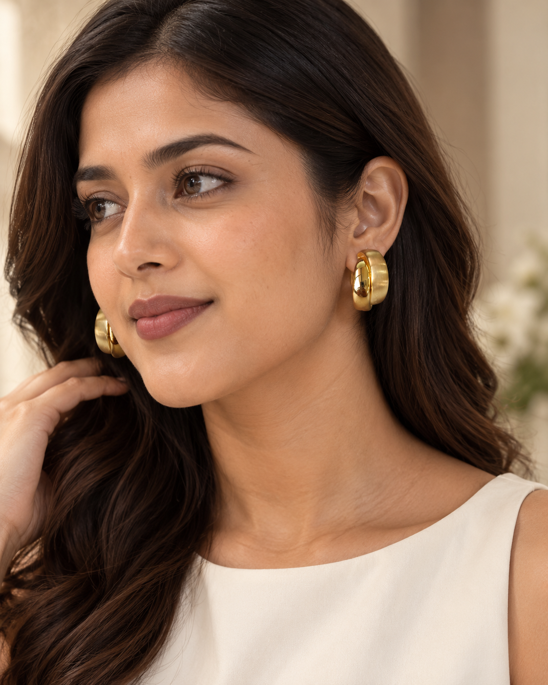 Velora Earrings in Gold Tone - Styled View