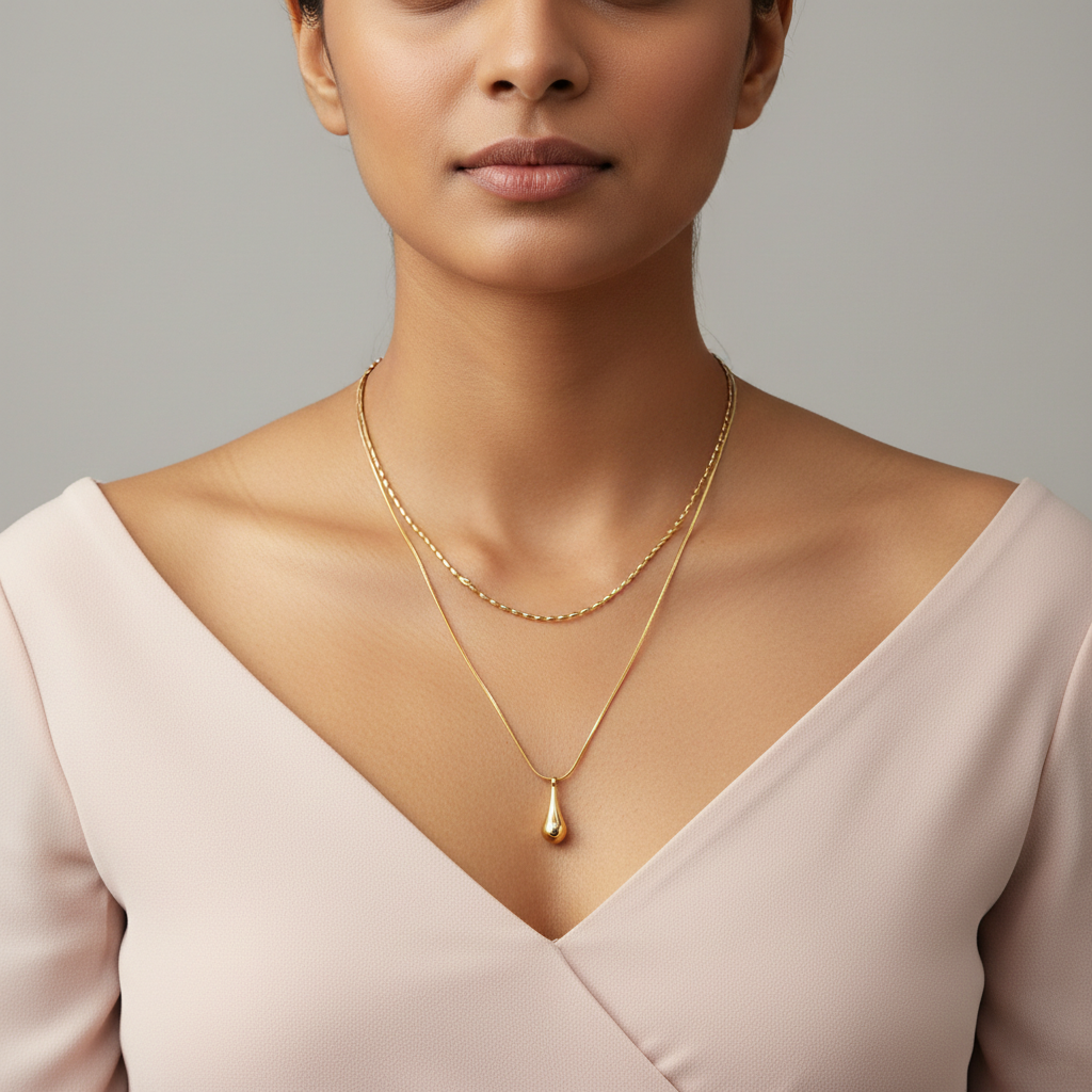 18K Gold Plated Double Layer Teardrop Pendant Necklace