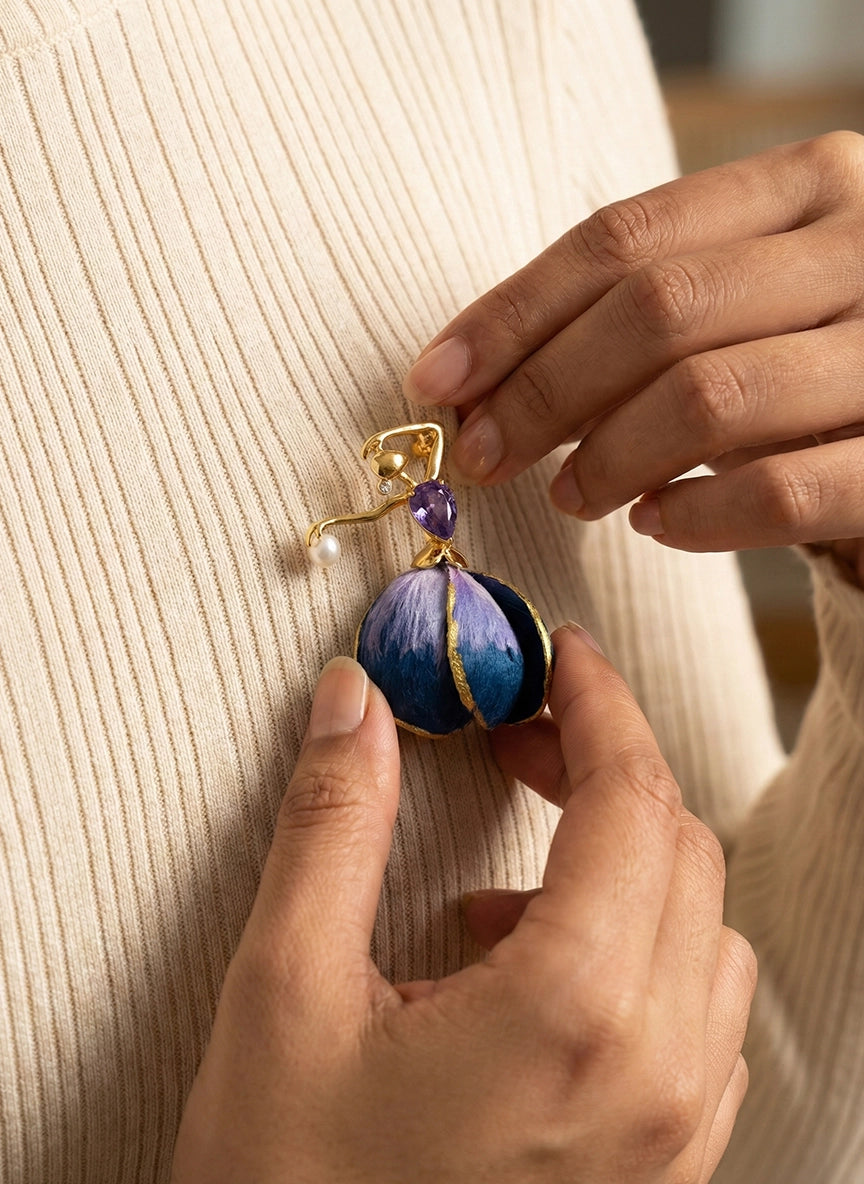Graceful Dancer Brooch in Gold with Purple Accents