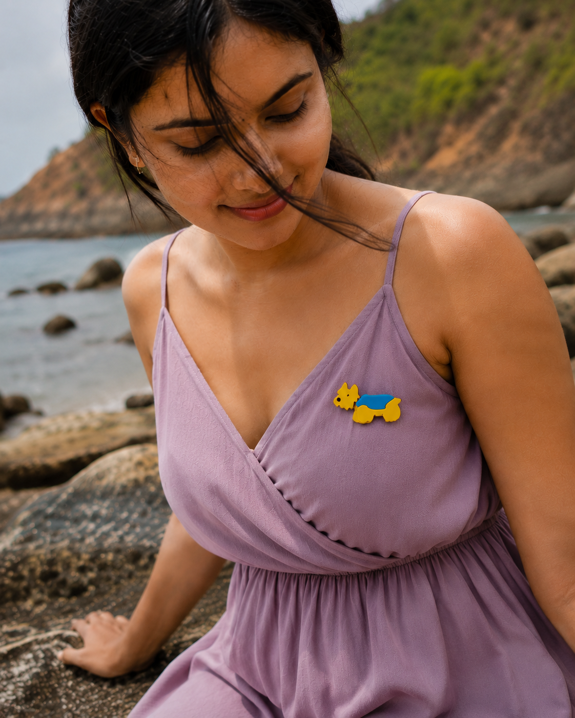 Snuggle Pup Brooch in Blue and Yellow - Styled View