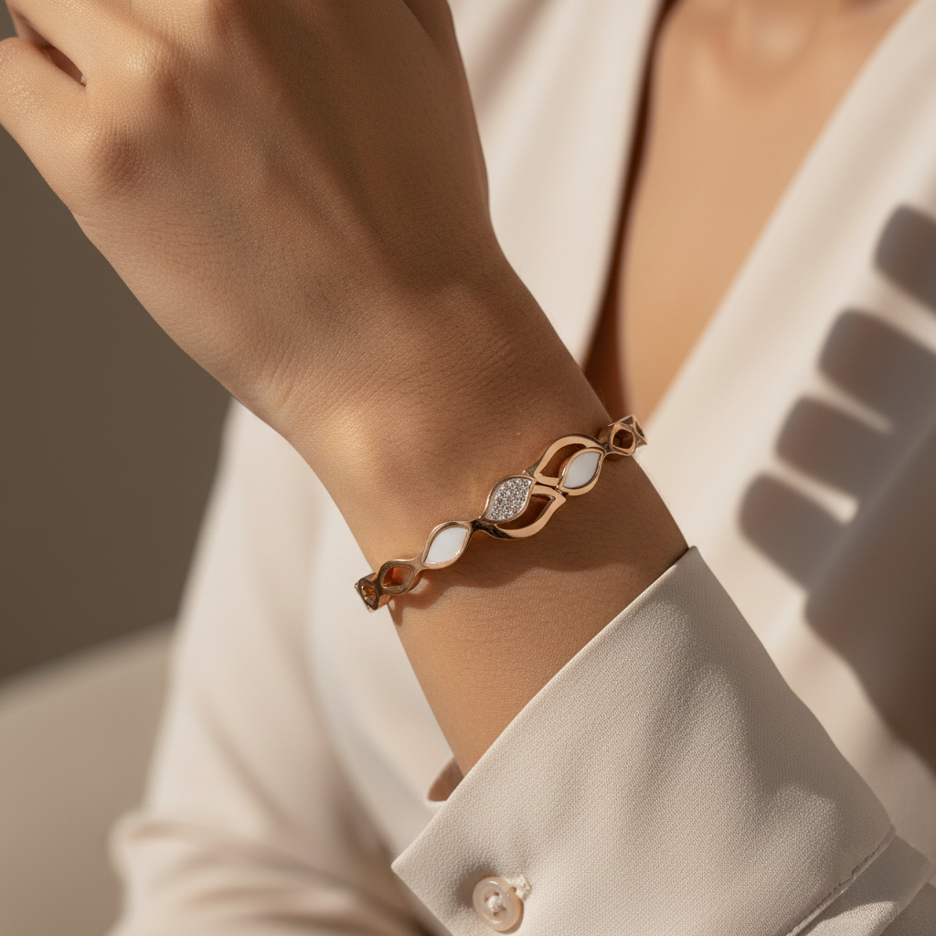 Rose Gold Bracelet with Sparkling Leaf Pattern