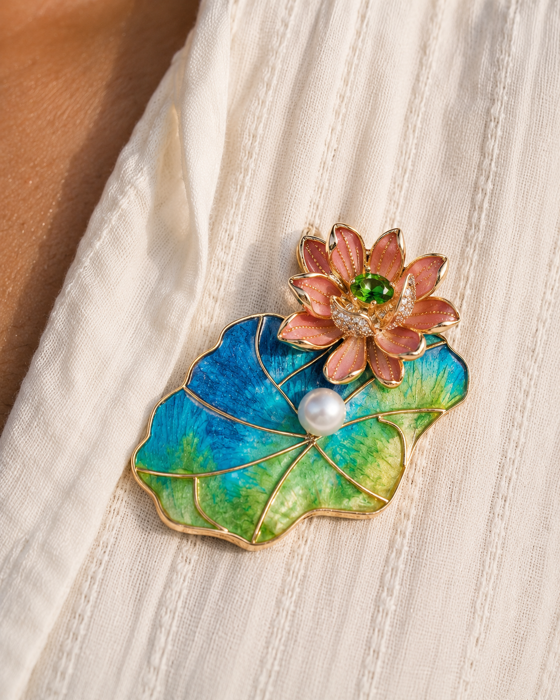 Lotus Charm Brooch in Enamel - Styled View