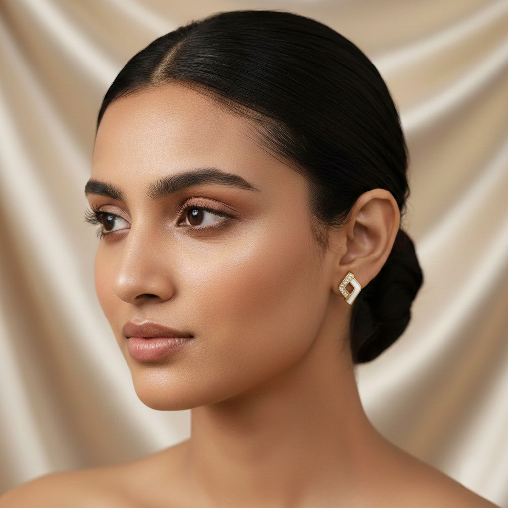 18K Gold Plated Diamond Shape Mother of Pearls and Stones Earrings