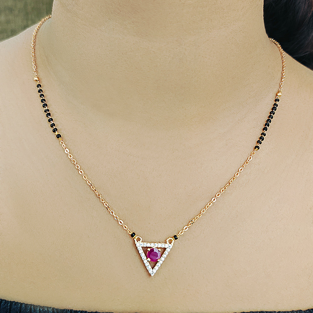 Pink Stone at Center Triangular Pendant Mangalsutra