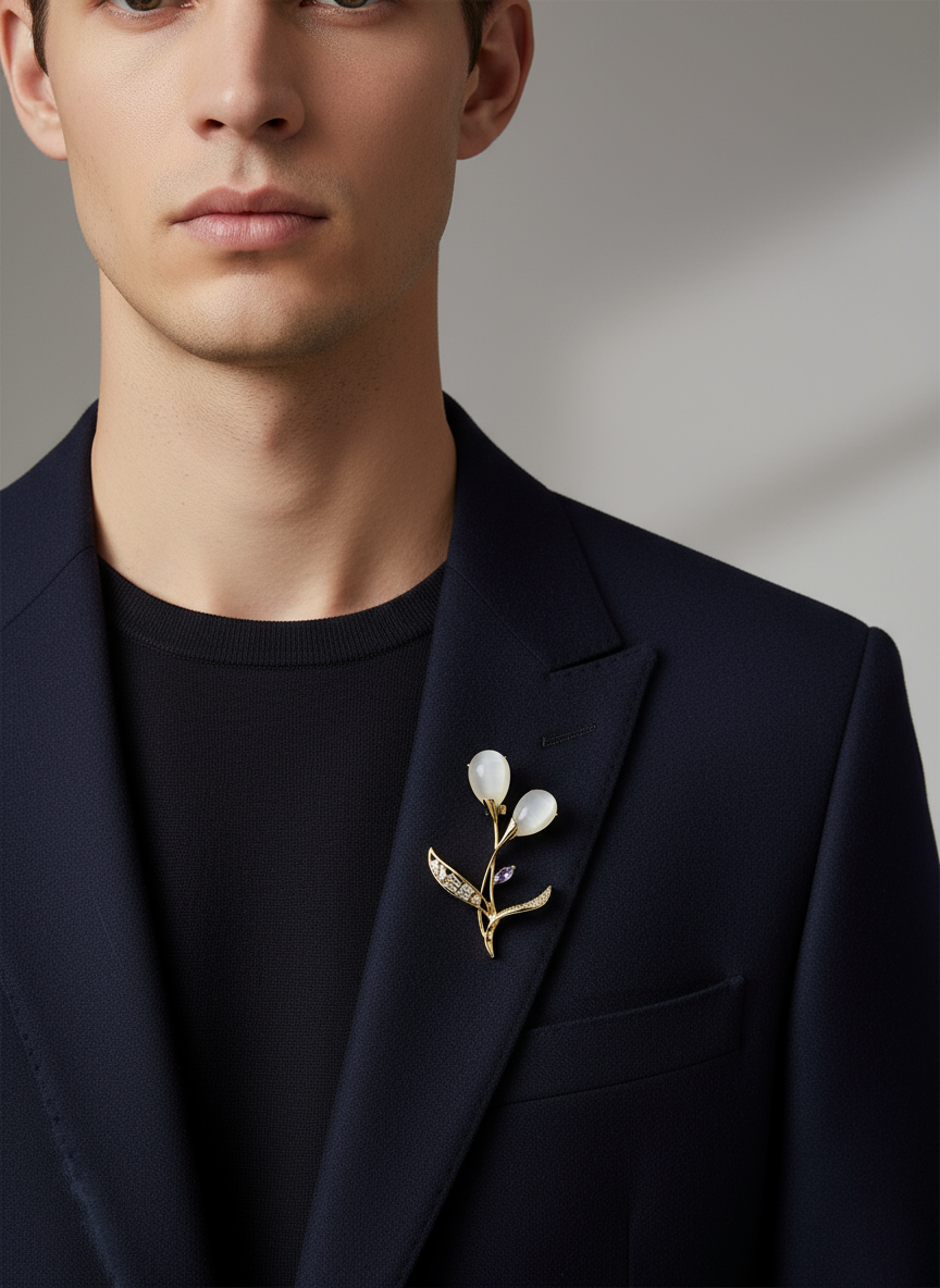 Unisex Floral Brooch in Gold with Pearl Accents