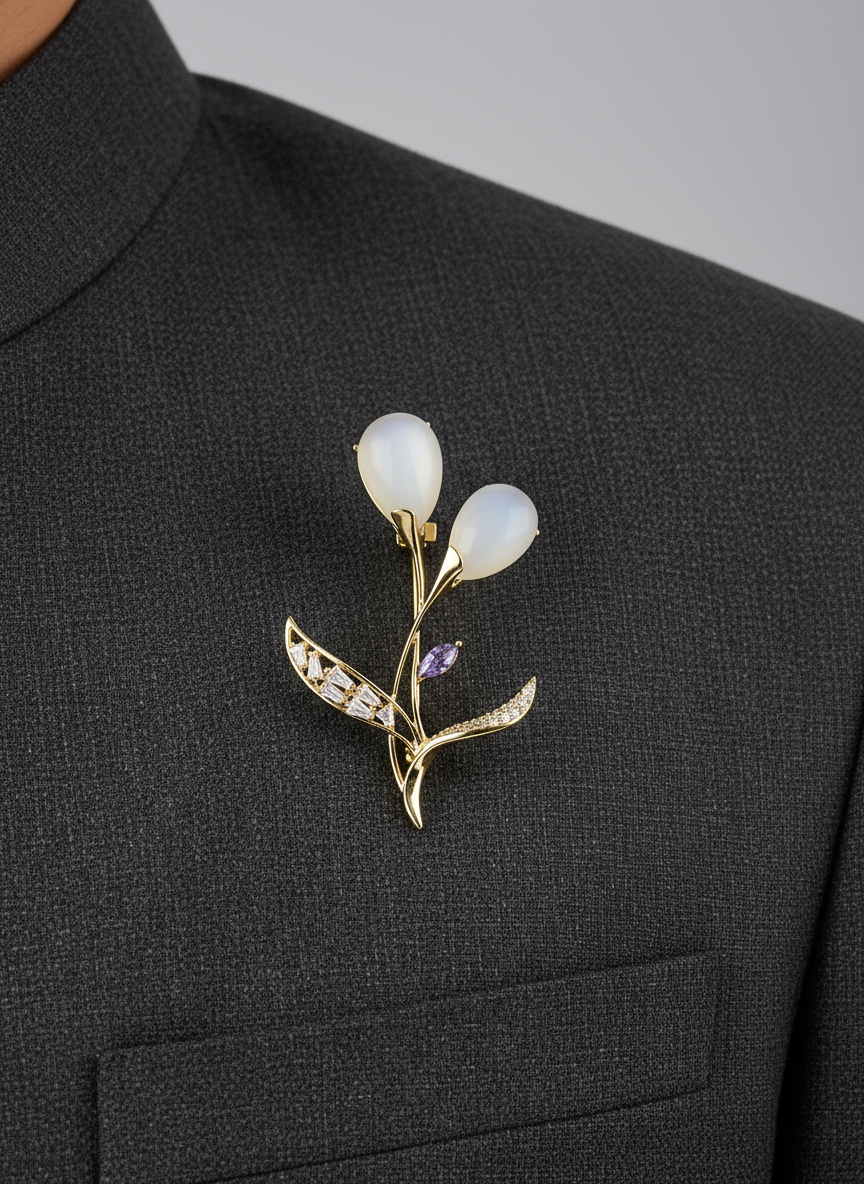 Unisex Floral Brooch in Gold with Pearl Accents