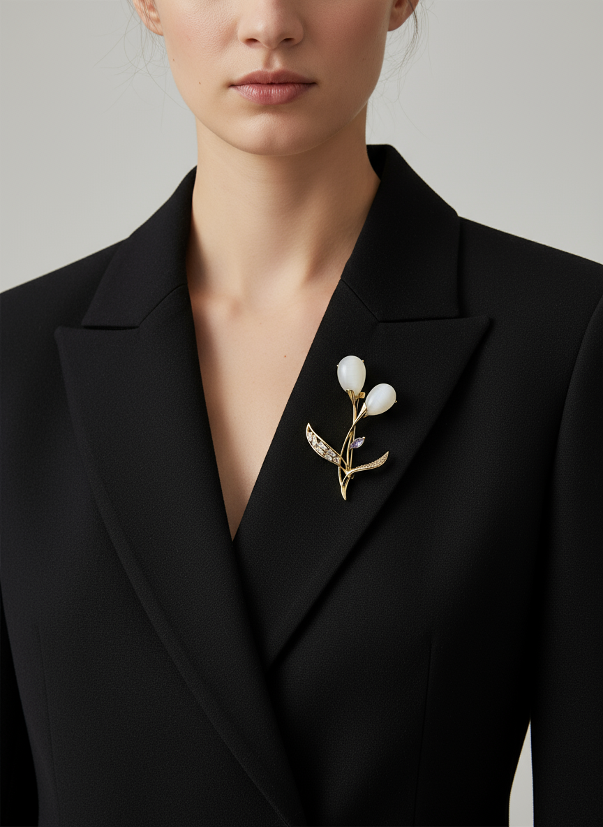 Unisex Floral Brooch in Gold with Pearl Accents