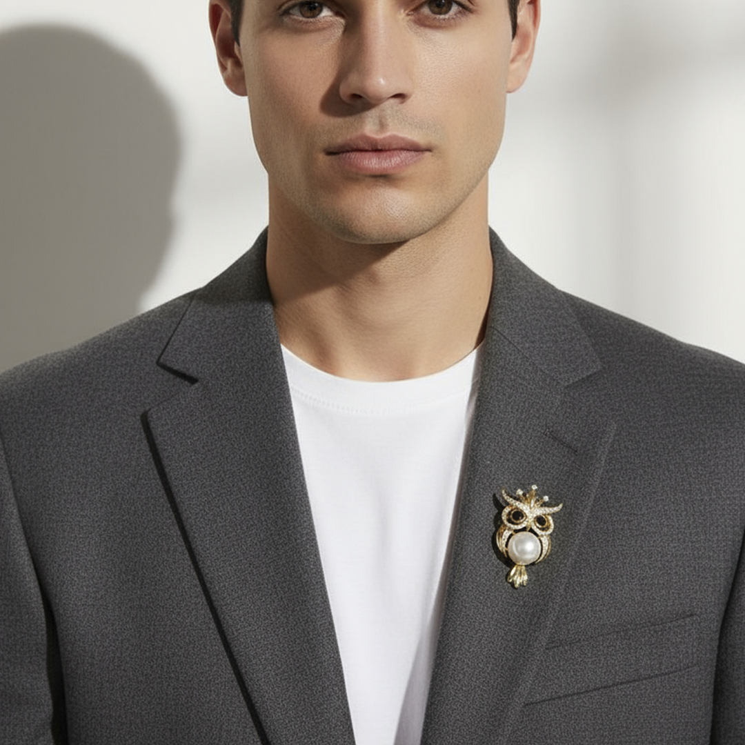 Men’s Owl Brooch in Gold with Pearl Accent