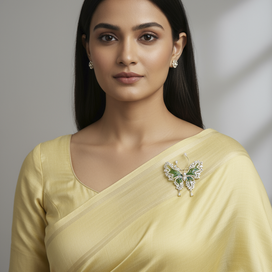 Women’s Butterfly Brooch in Green with Pearl Detailing