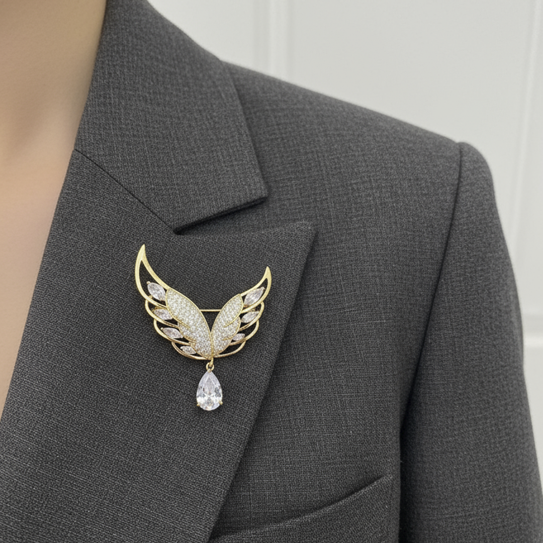 Unisex Wing Brooch in Gold with Crystal Drop