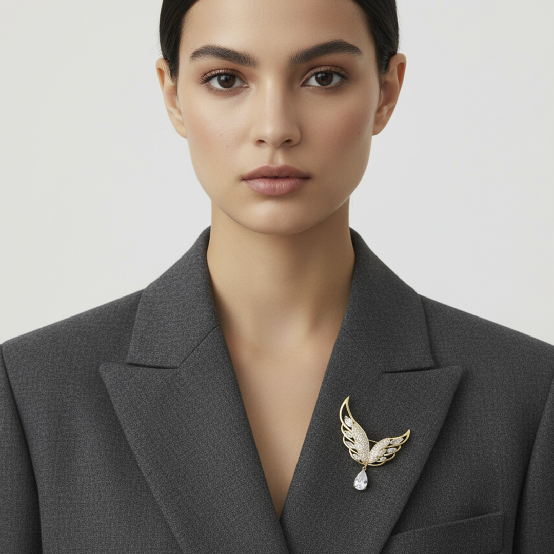 Unisex Wing Brooch in Gold with Crystal Drop