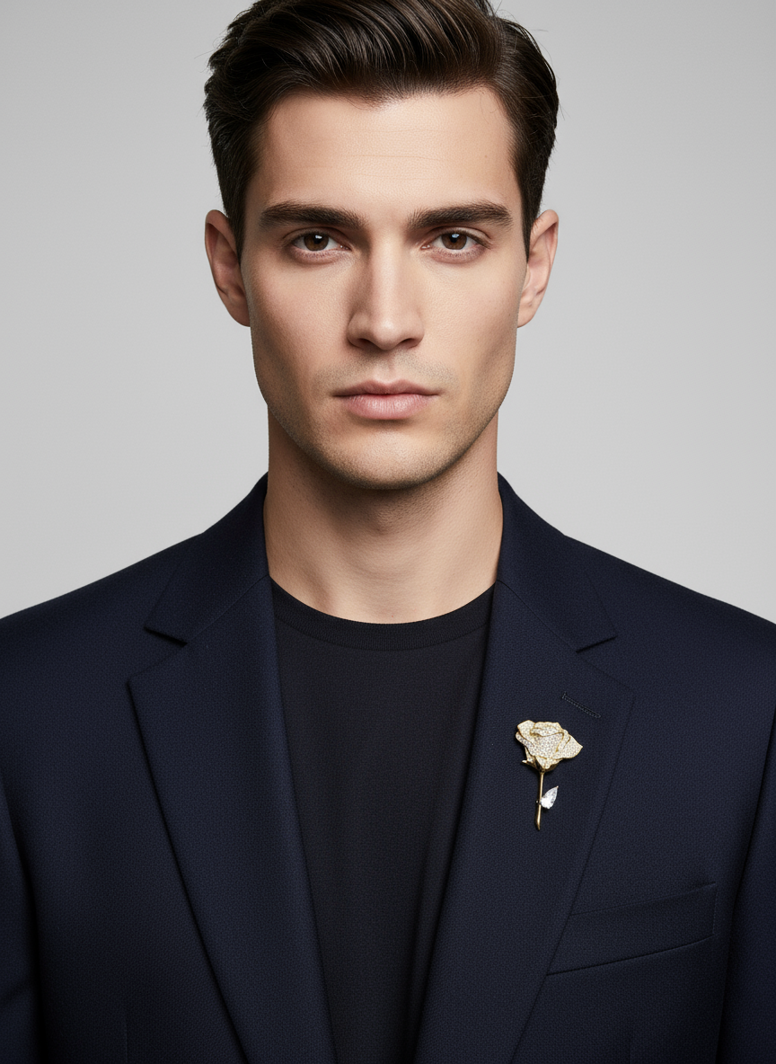 Unisex Rose Brooch in Gold with Crystal Detailing