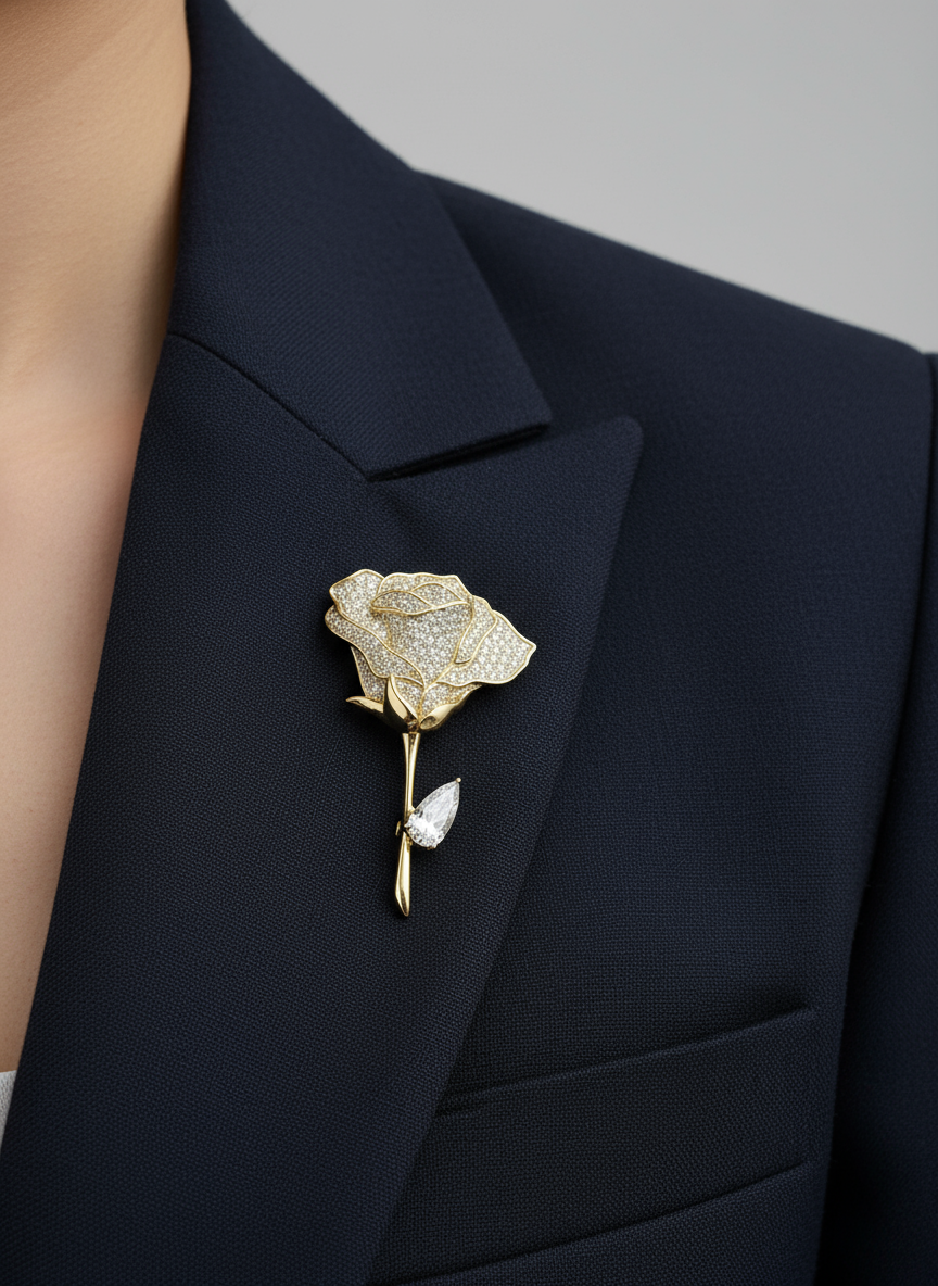 Unisex Rose Brooch in Gold with Crystal Detailing