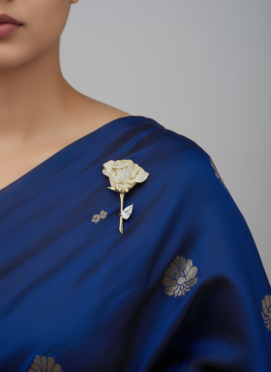 Unisex Rose Brooch in Gold with Crystal Detailing