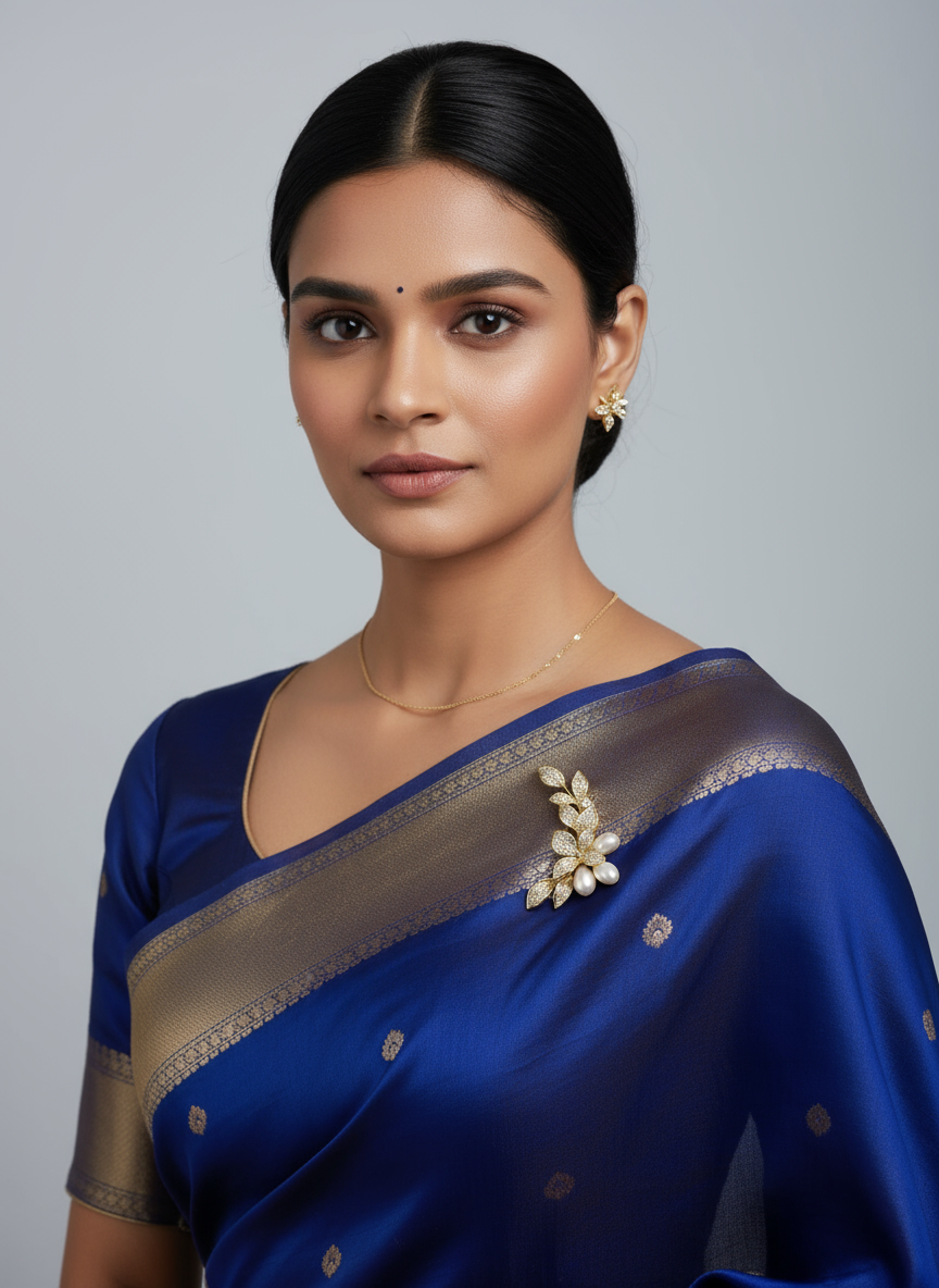 Unisex Floral Leaf Brooch in Gold with Pearls